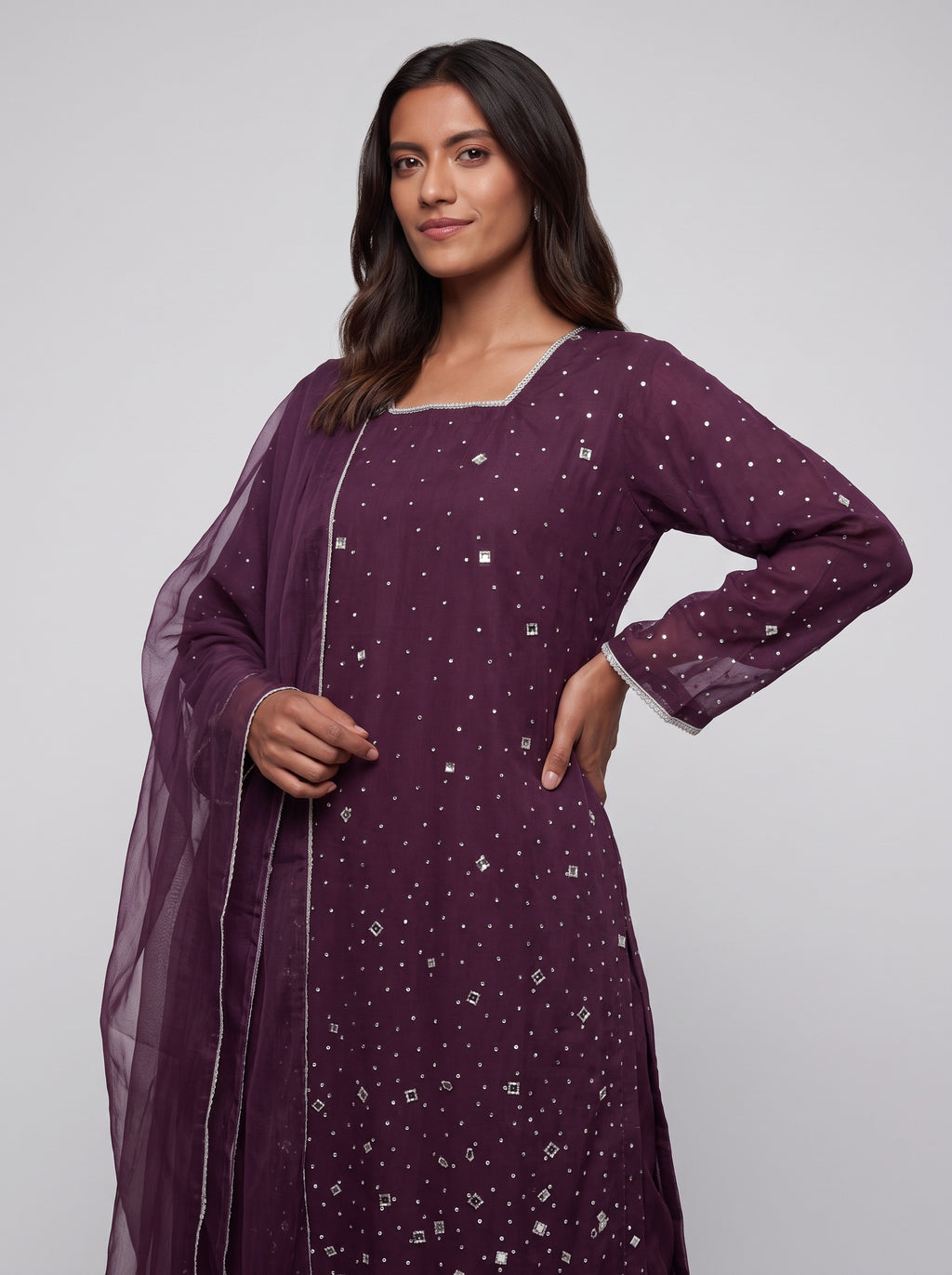 3 Piece Ready to Wear Luxury Net Suit - Plum