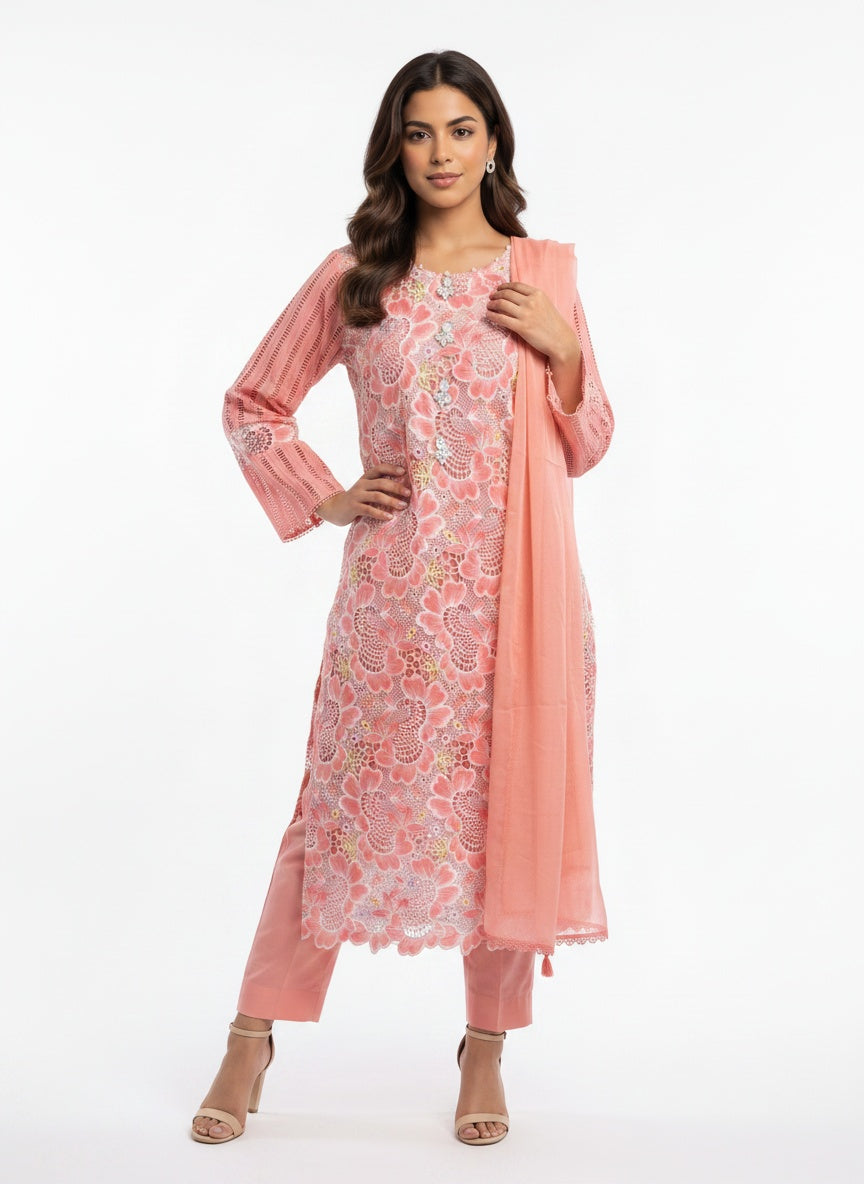 3 Piece Ready to Wear Luxury Embroidered Cutwork Suit - Coral Pink
