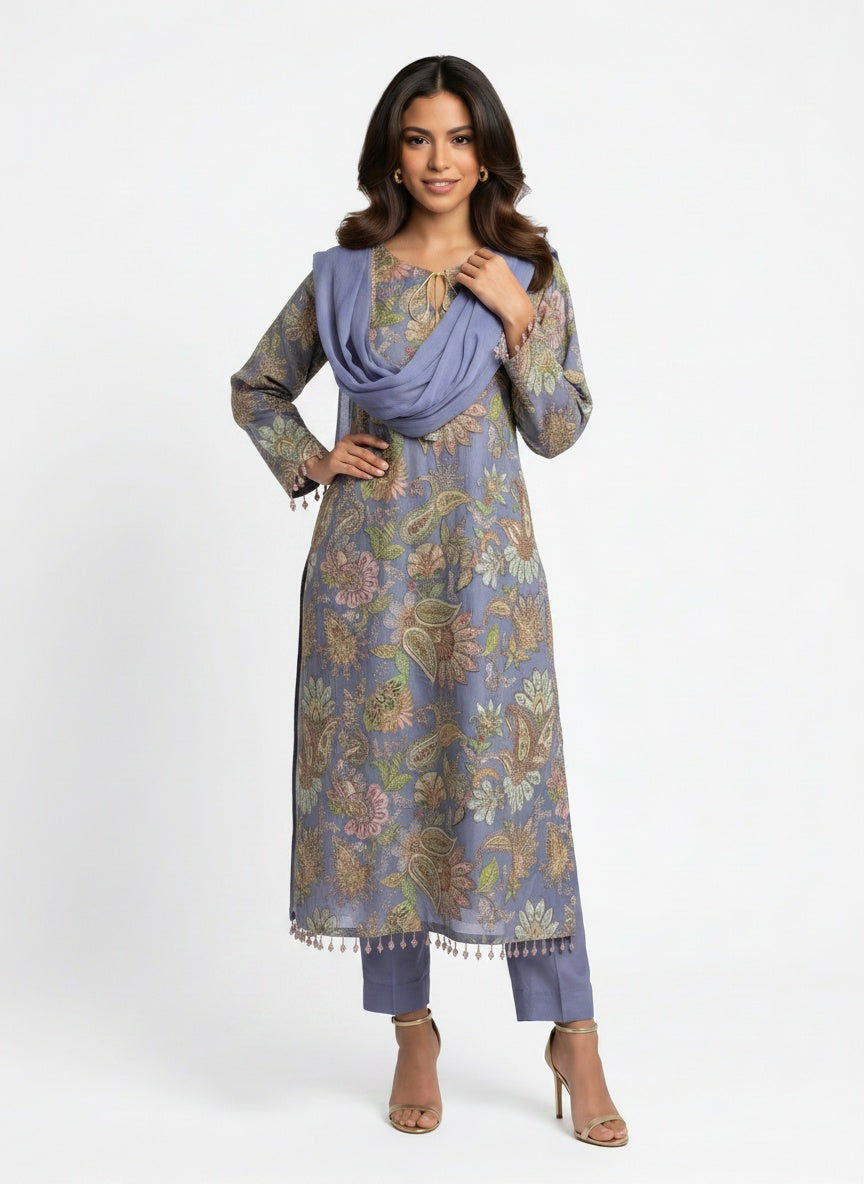 3 Piece Ready to Wear Luxury Embroidered Armani Silk Suit - Lilac
