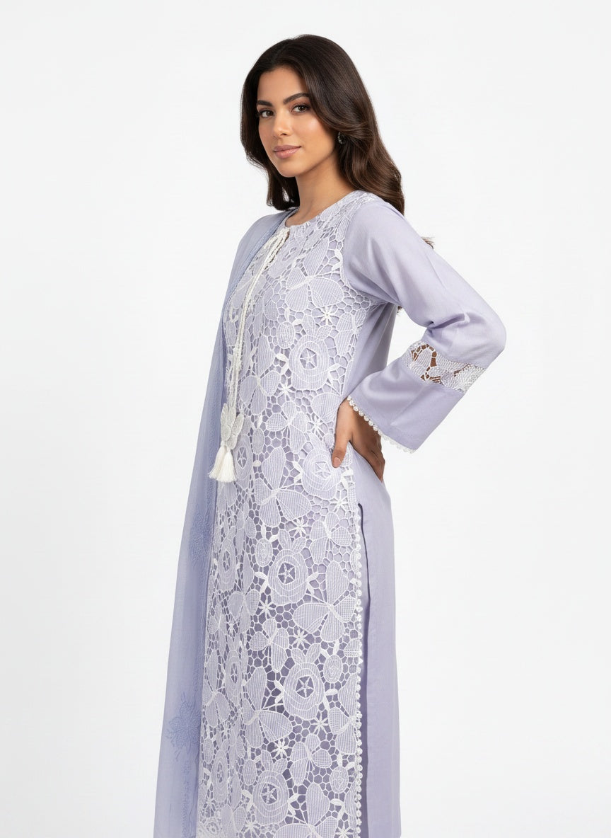 3 Piece Ready to Wear Luxury Embroidered Cutwork Suit - Lilac