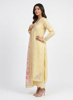 3 Piece Ready to Wear Luxury Embroidered Schiffli Suit - Butter Yellow
