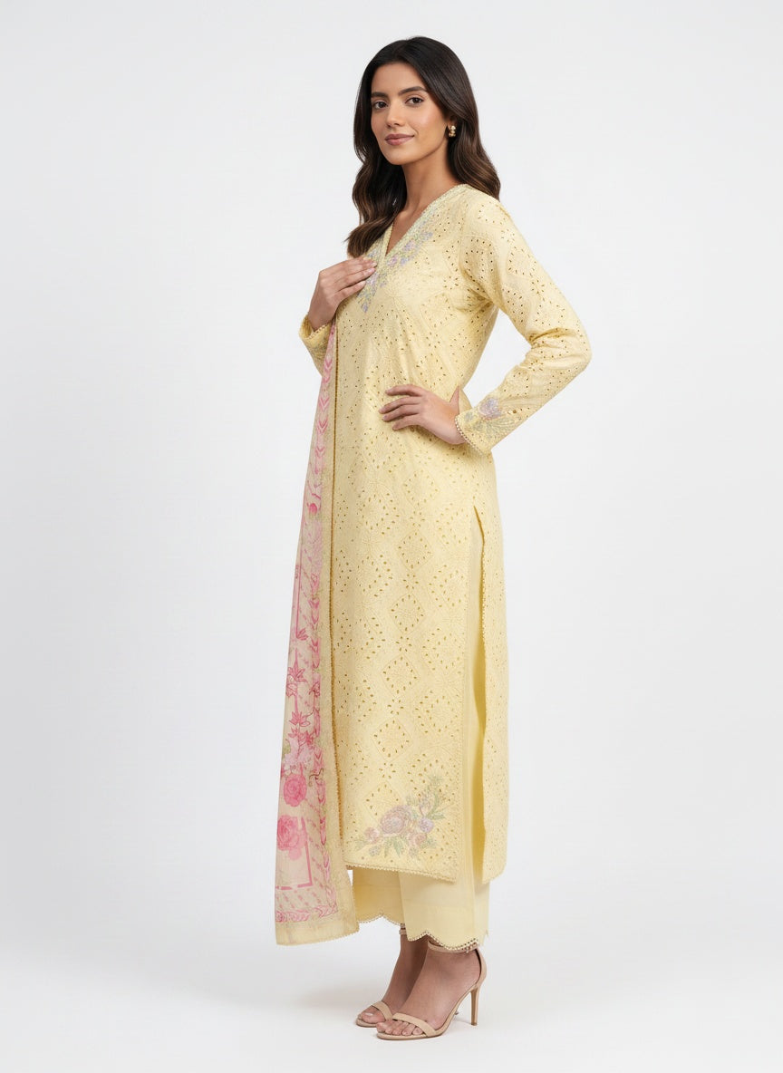 3 Piece Ready to Wear Luxury Embroidered Schiffli Suit - Butter Yellow
