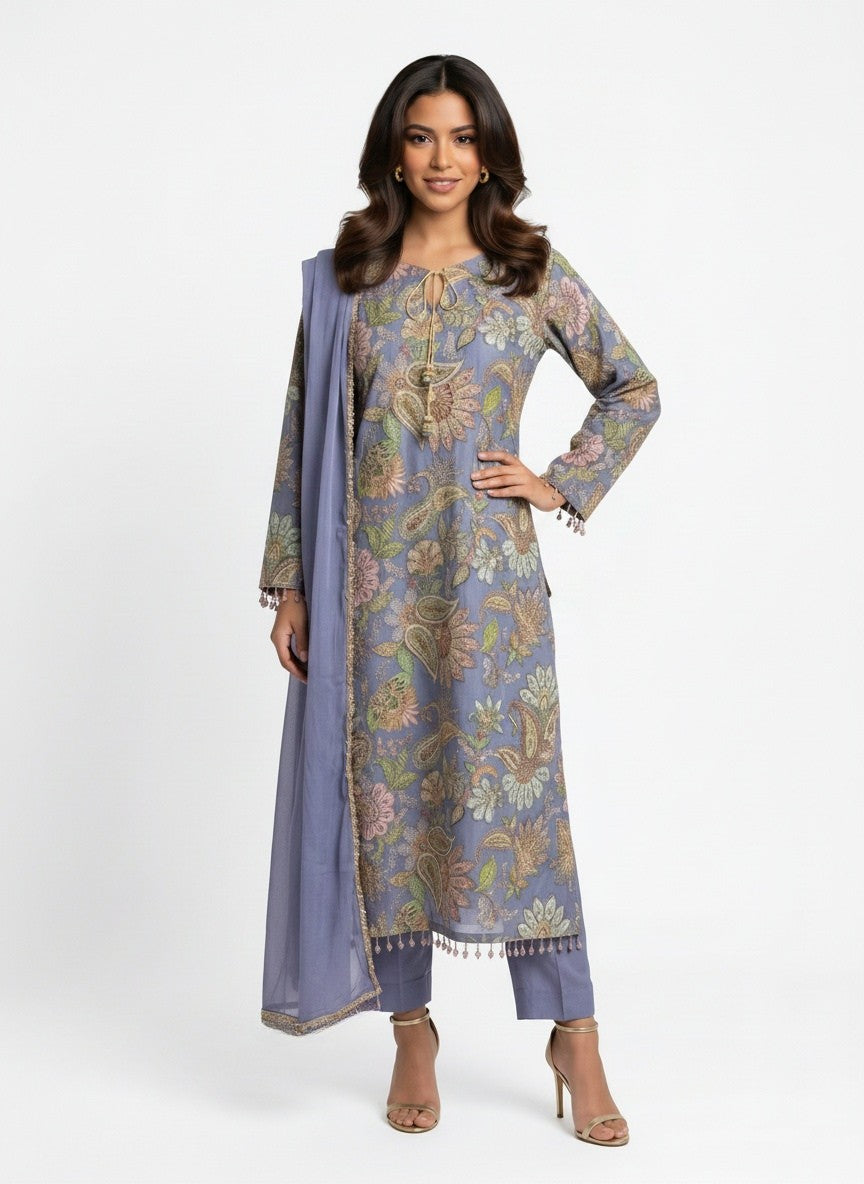 3 Piece Ready to Wear Luxury Embroidered Armani Silk Suit - Lilac