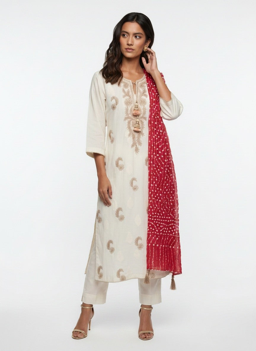 3 Piece Ready to Wear Gota Work Suit - Off-White with Red Dupatta