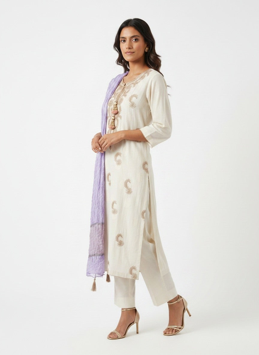3 Piece Ready to Wear Gota Work Suit - Off-White with Lilac Dupatta