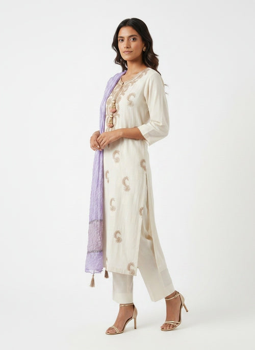 3 Piece Ready to Wear Gota Work Suit - Off-White with Lilac Dupatta