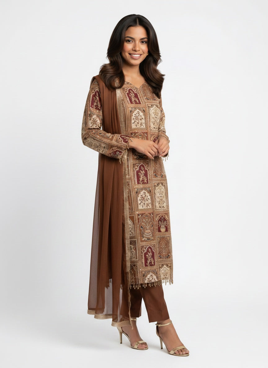 3 Piece Ready to Wear Luxury Embroidered Armani Silk Suit - Brown