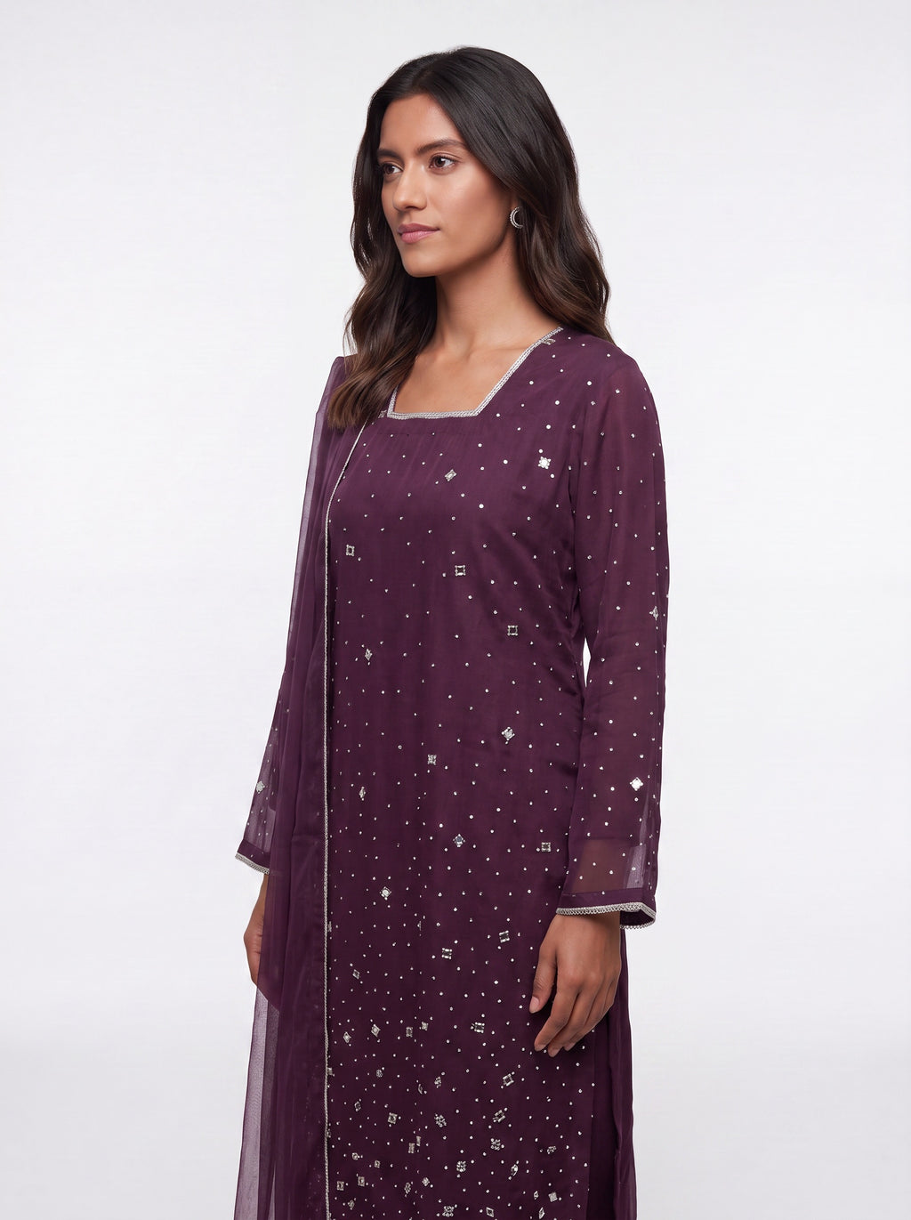 3 Piece Ready to Wear Luxury Net Suit - Plum