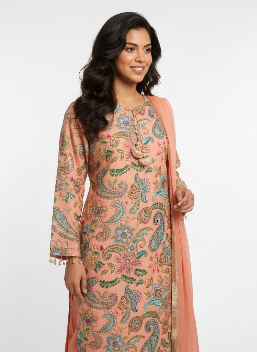3 Piece Ready to Wear Luxury Embroidered Armani Silk Suit - Peach