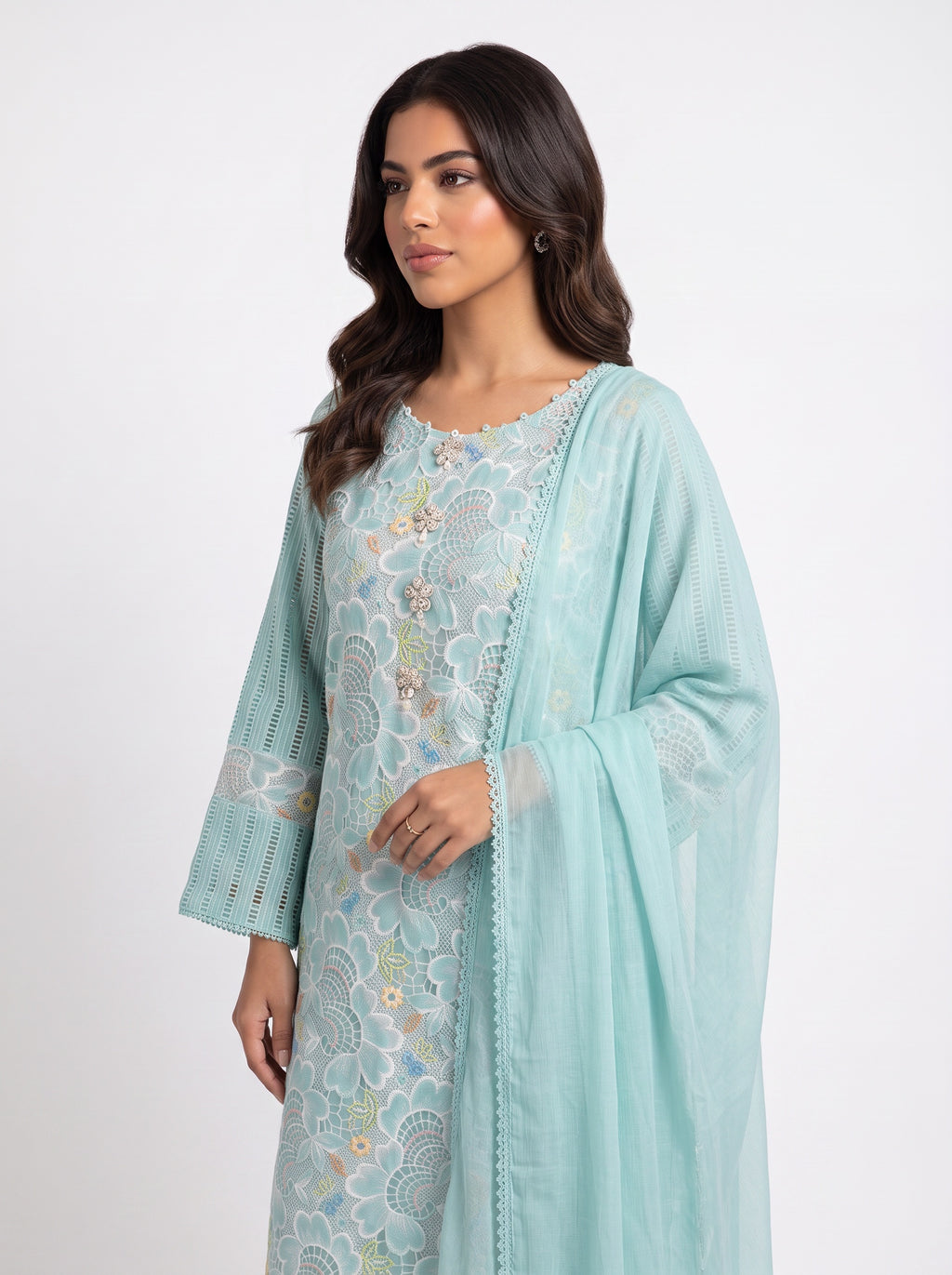 3 Piece Ready to Wear Luxury Embroidered Cutwork Suit - Blue