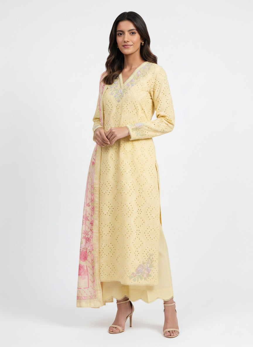 3 Piece Ready to Wear Luxury Embroidered Schiffli Suit - Butter Yellow
