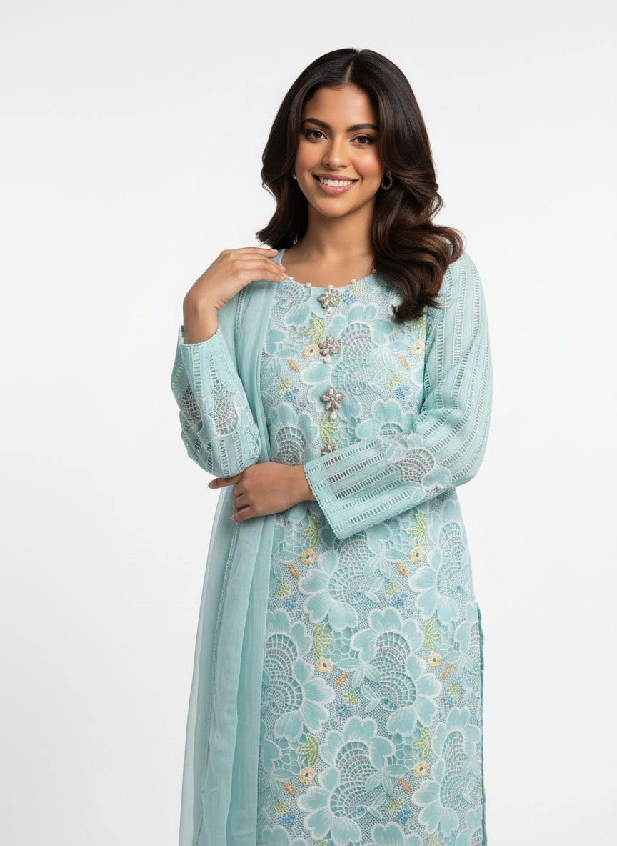 3 Piece Ready to Wear Luxury Embroidered Cutwork Suit - Blue