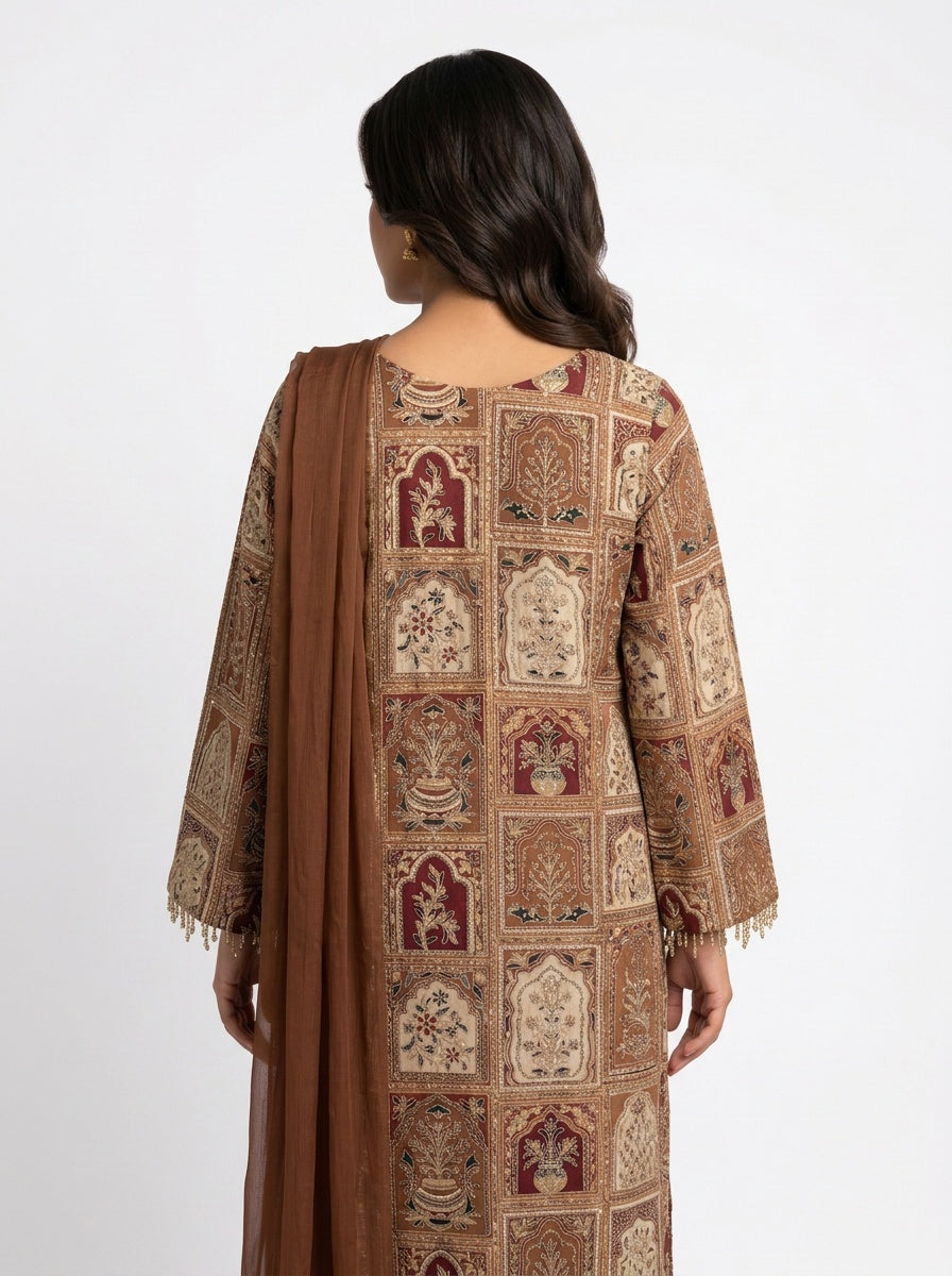 3 Piece Ready to Wear Luxury Embroidered Armani Silk Suit - Brown