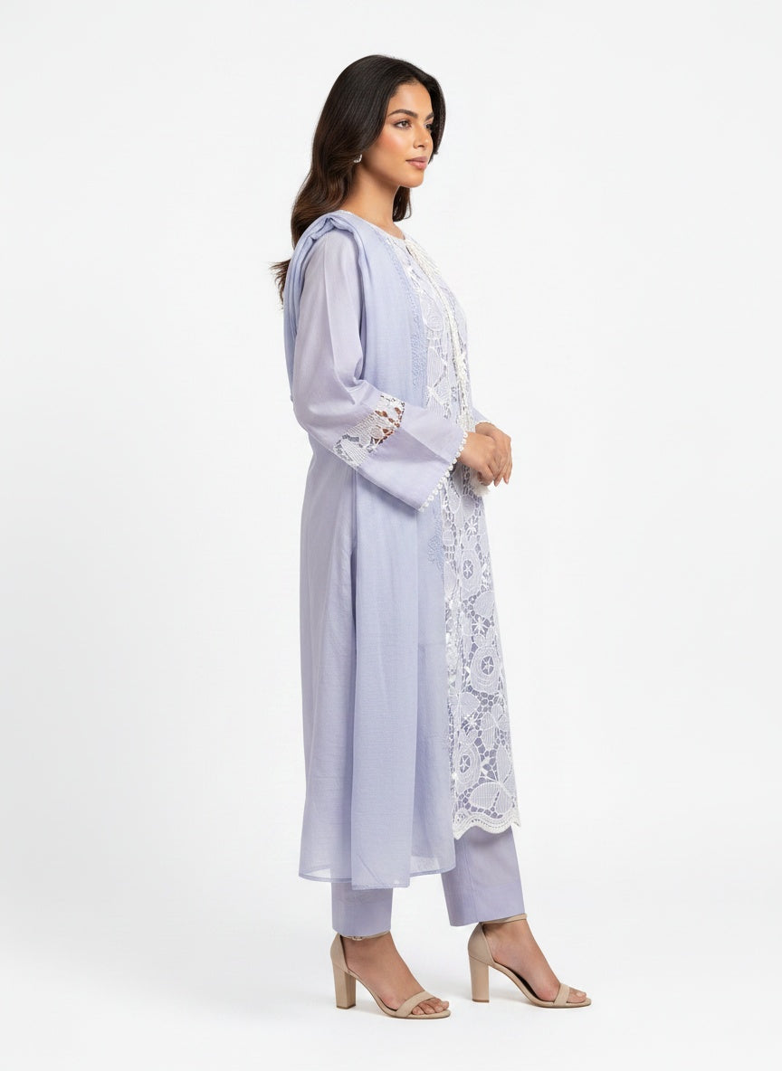 3 Piece Ready to Wear Luxury Embroidered Cutwork Suit - Lilac