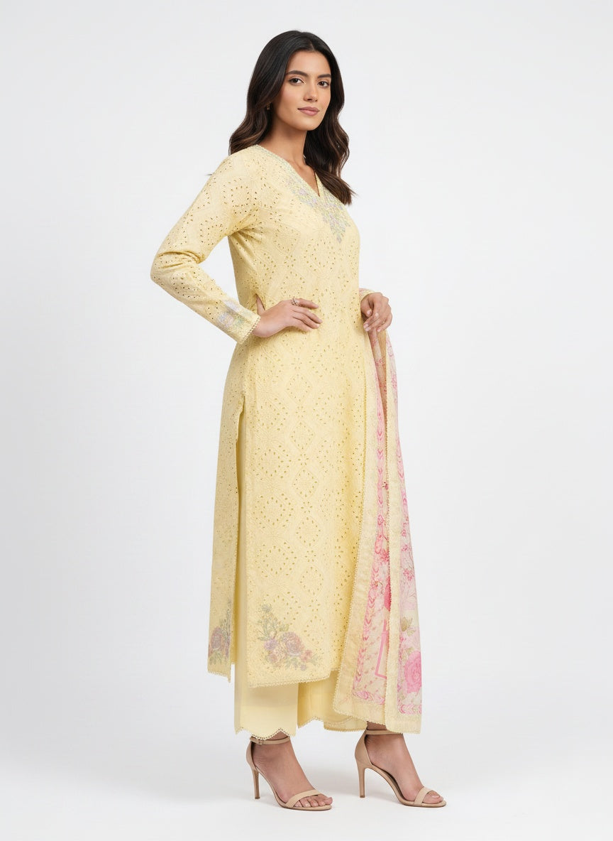 3 Piece Ready to Wear Luxury Embroidered Schiffli Suit - Butter Yellow