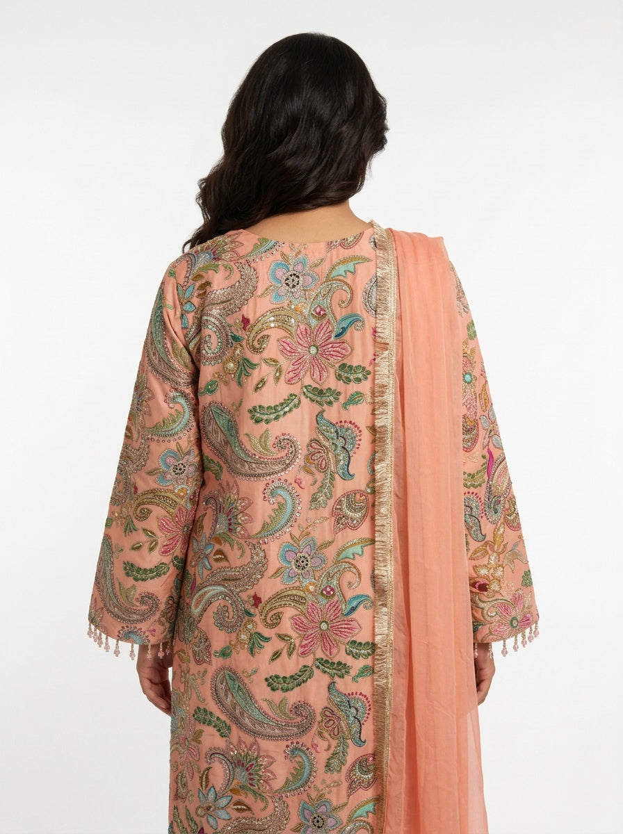 3 Piece Ready to Wear Luxury Embroidered Armani Silk Suit - Peach