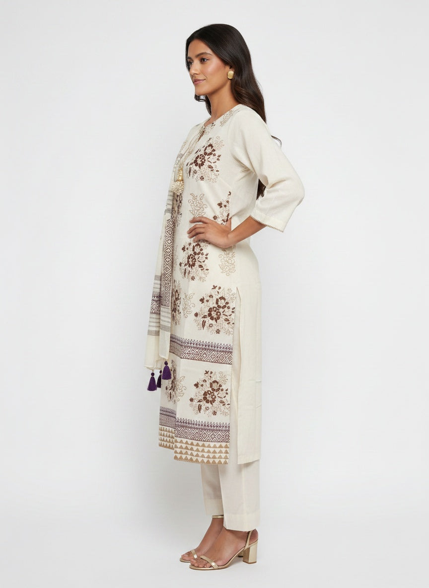 3 Piece Ready to Wear Block Printed Suit - Off-White/Brown