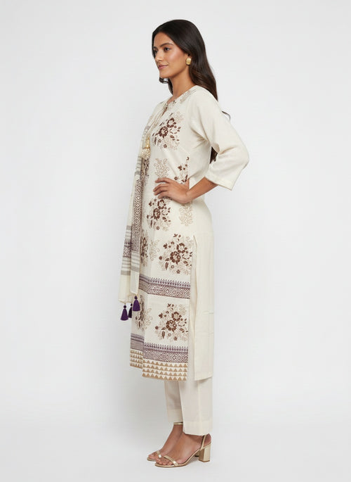 3 Piece Ready to Wear Block Printed Suit - Off-White/Brown