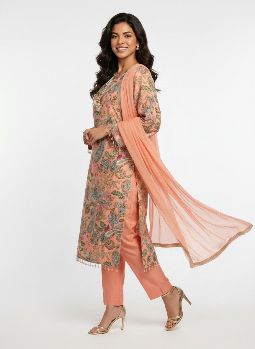 3 Piece Ready to Wear Luxury Embroidered Armani Silk Suit - Peach