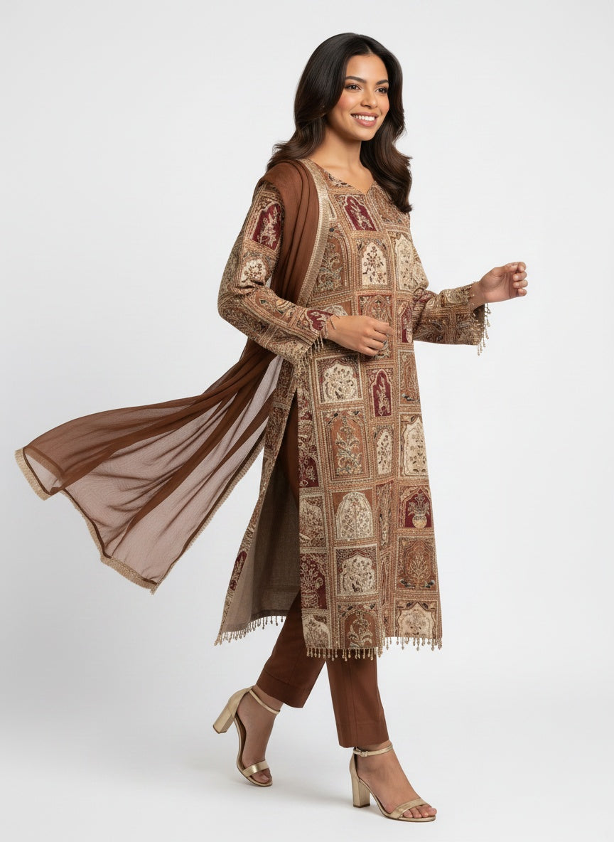 3 Piece Ready to Wear Luxury Embroidered Armani Silk Suit - Brown