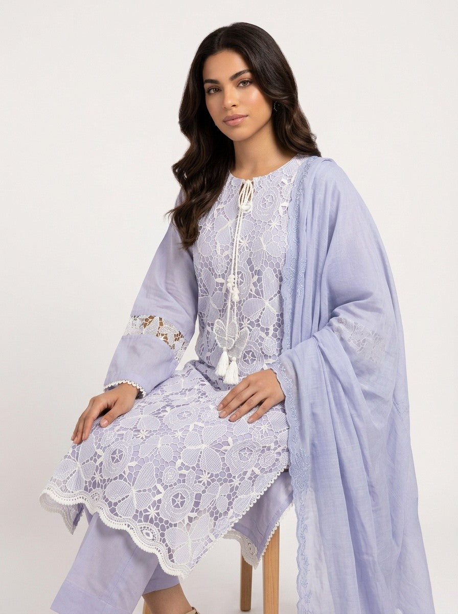 3 Piece Ready to Wear Luxury Embroidered Cutwork Suit - Lilac