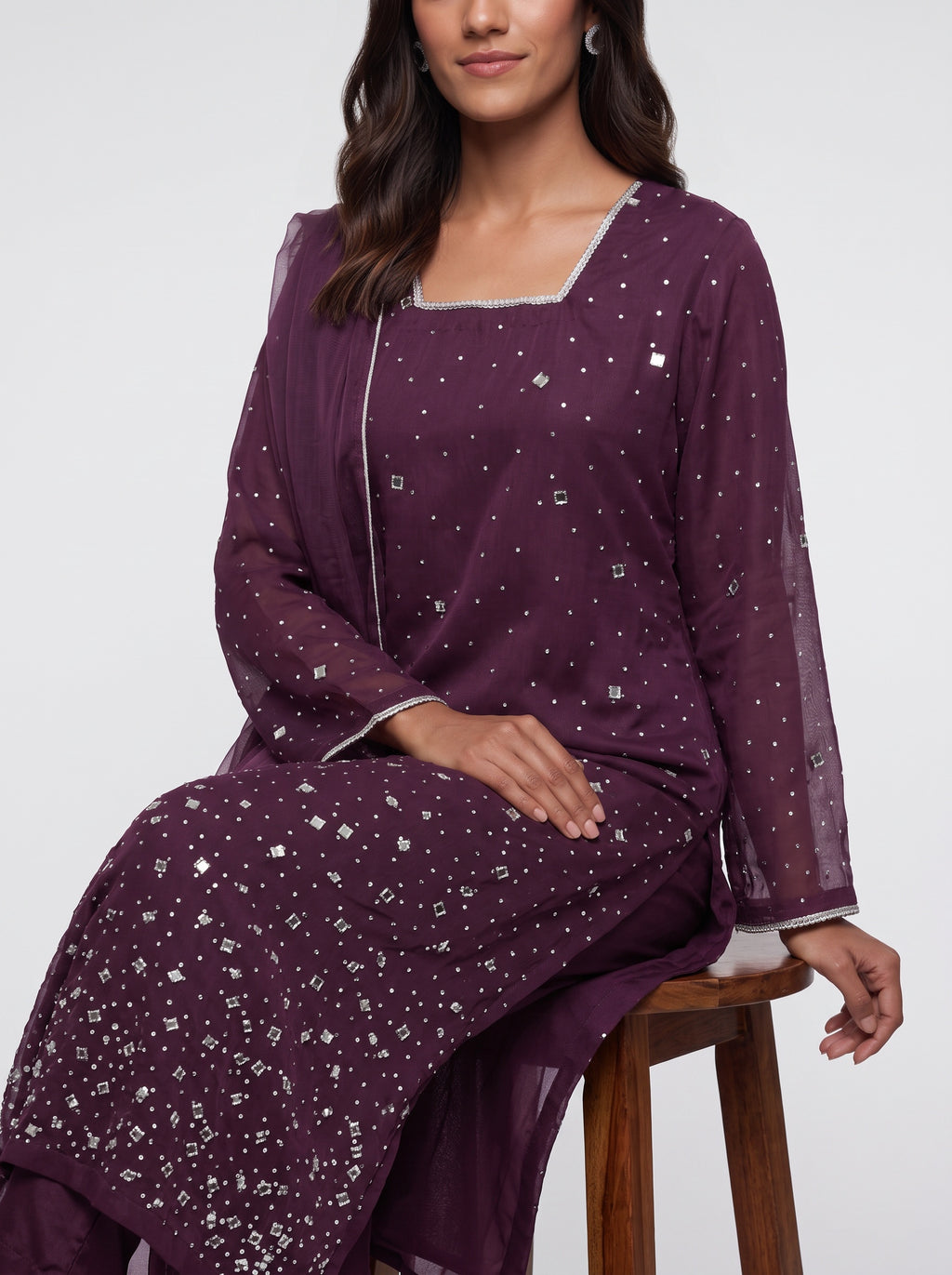 3 Piece Ready to Wear Luxury Net Suit - Plum