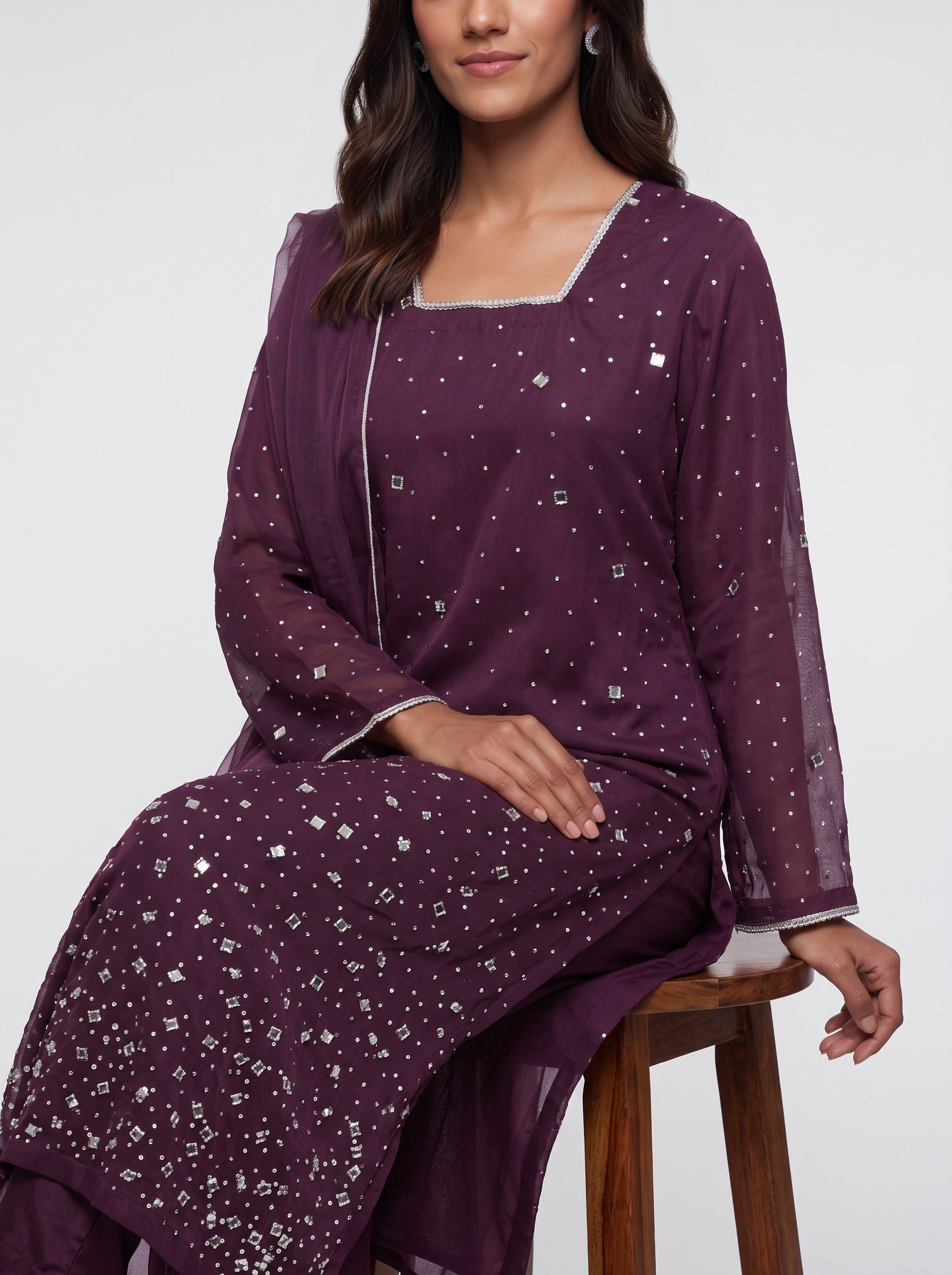 3 Piece Ready to Wear Luxury Net Suit - Plum