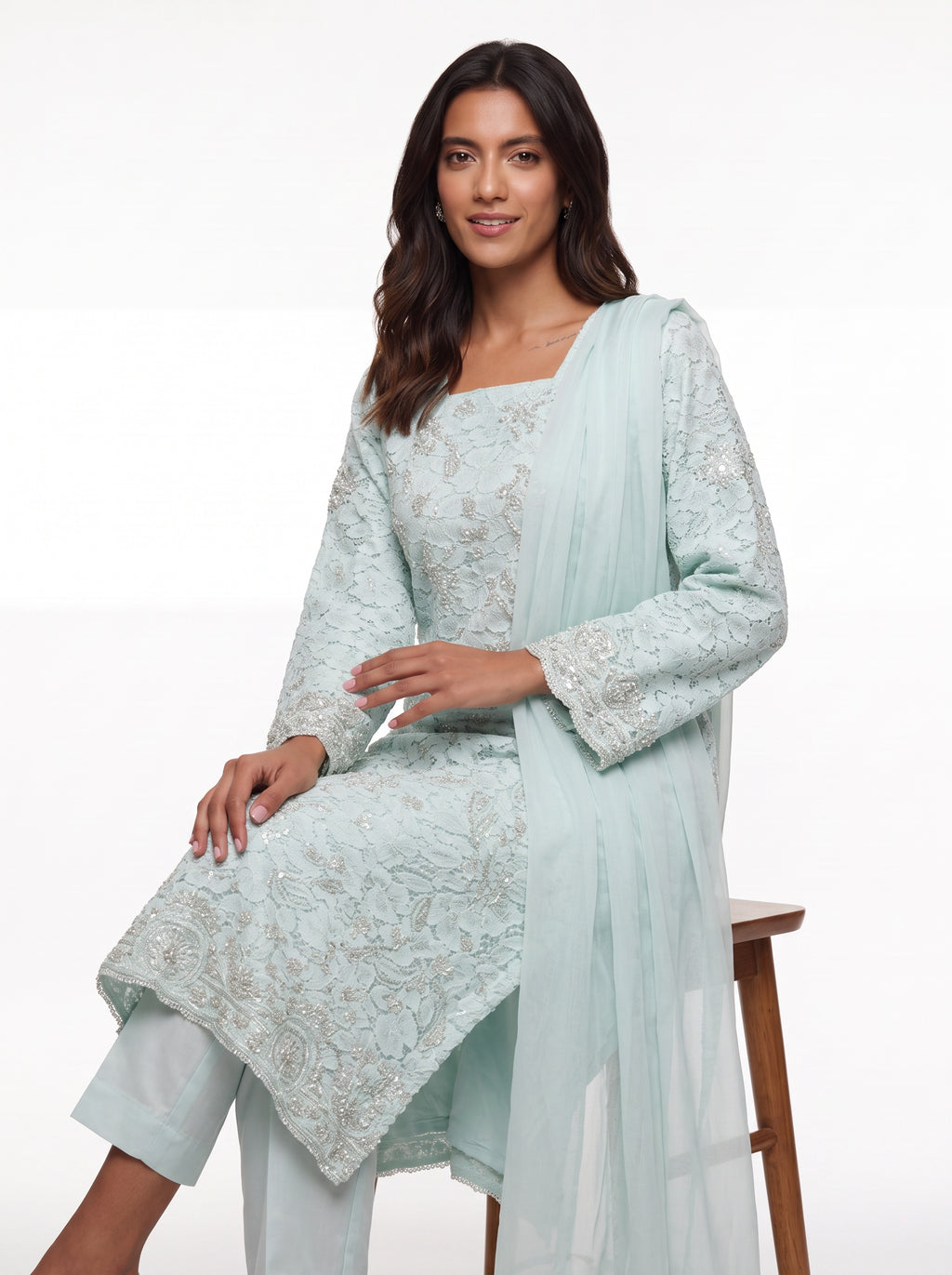 3 Piece Ready to Wear Luxury Chantilly Net Suit - Aqua