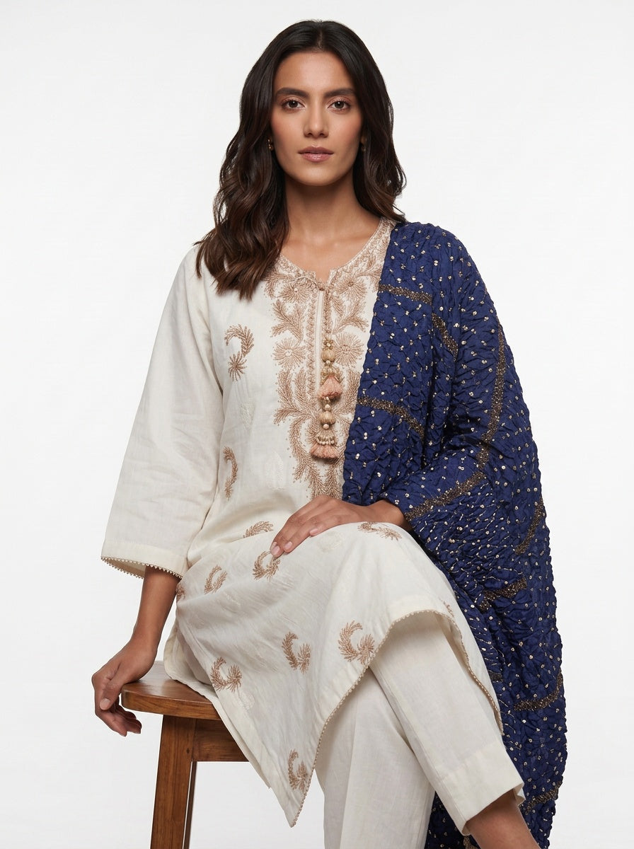 3 Piece Ready to Wear Gota Work Suit - Off-White with Blue Dupatta