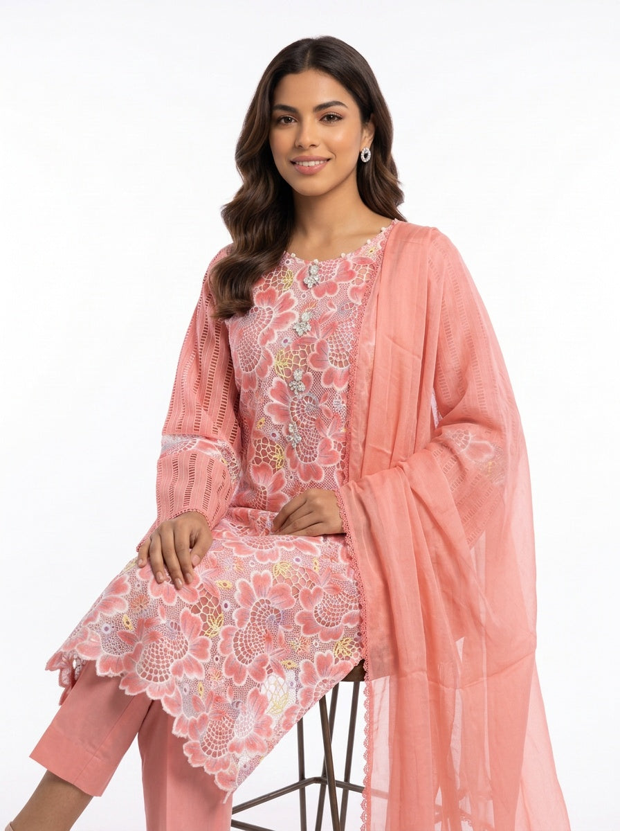 3 Piece Ready to Wear Luxury Embroidered Cutwork Suit - Coral Pink