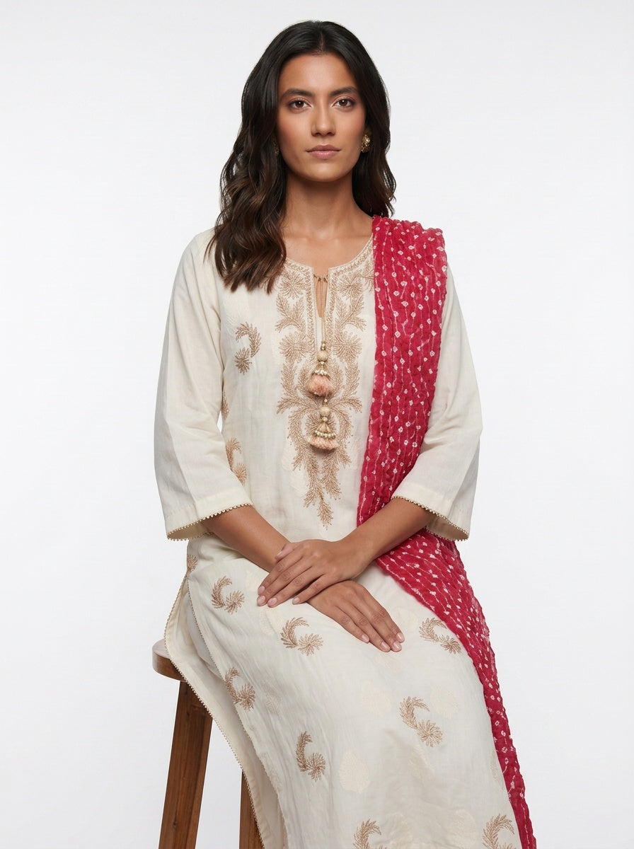 3 Piece Ready to Wear Gota Work Suit - Off-White with Red Dupatta