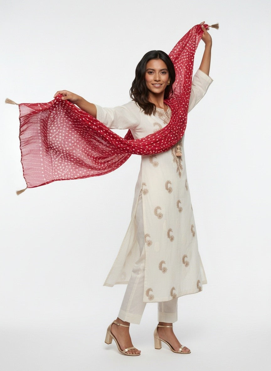 3 Piece Ready to Wear Gota Work Suit - Off-White with Red Dupatta