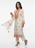 3 Piece Ready to Wear Block Printed Suit - Off-White/Orange