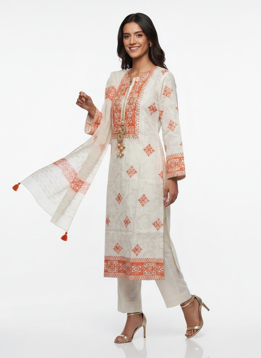 3 Piece Ready to Wear Block Printed Suit - Off-White/Orange