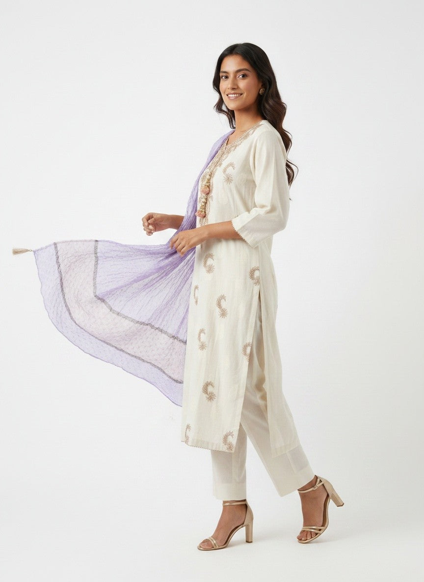 3 Piece Ready to Wear Gota Work Suit - Off-White with Lilac Dupatta