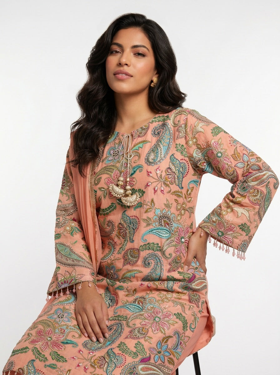 3 Piece Ready to Wear Luxury Embroidered Armani Silk Suit - Peach