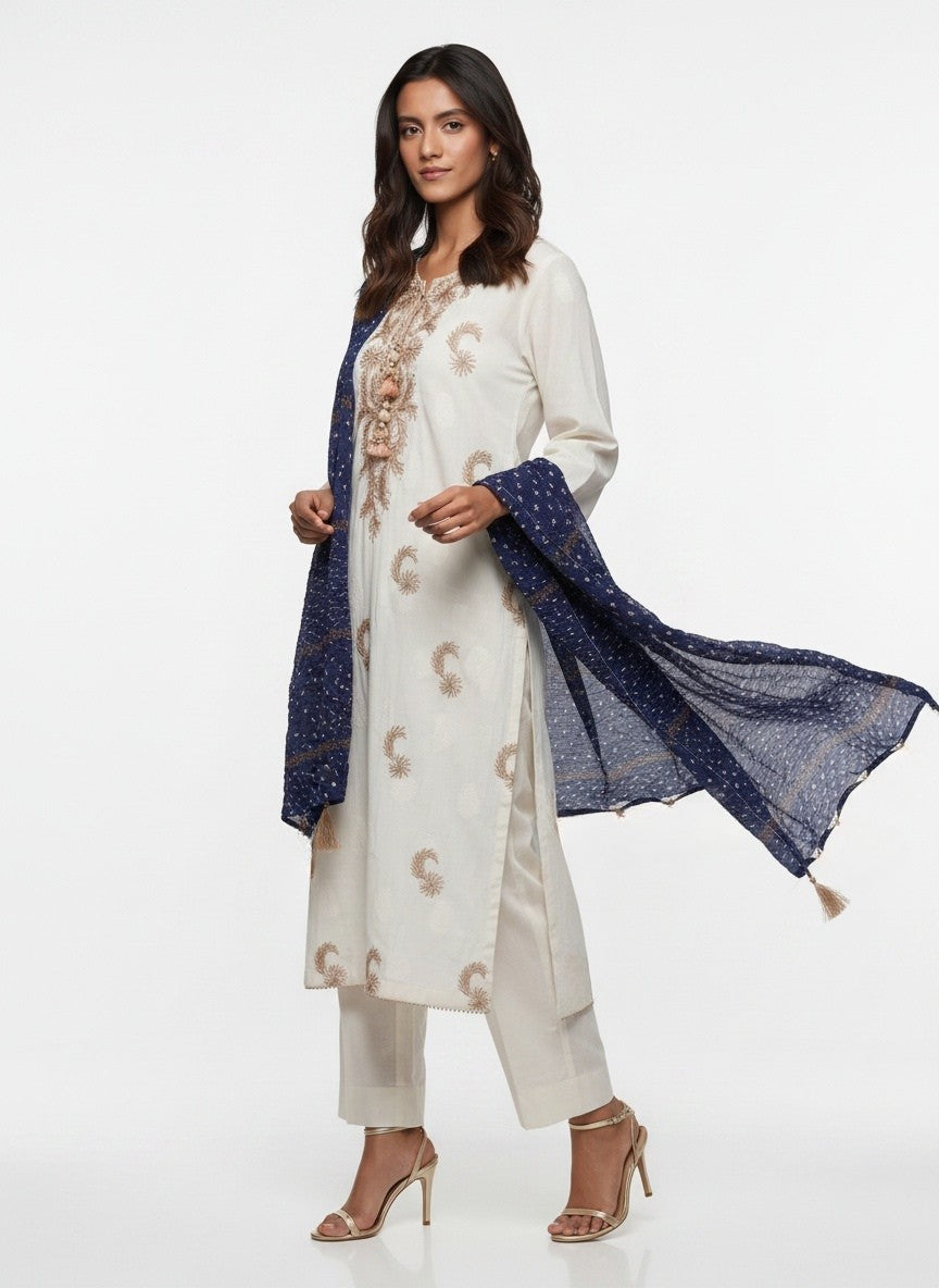 3 Piece Ready to Wear Gota Work Suit - Off-White with Blue Dupatta