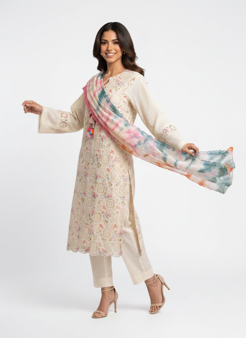 3 Piece Ready to Wear Luxury Embroidered Crochet Suit - Off-White/Multi