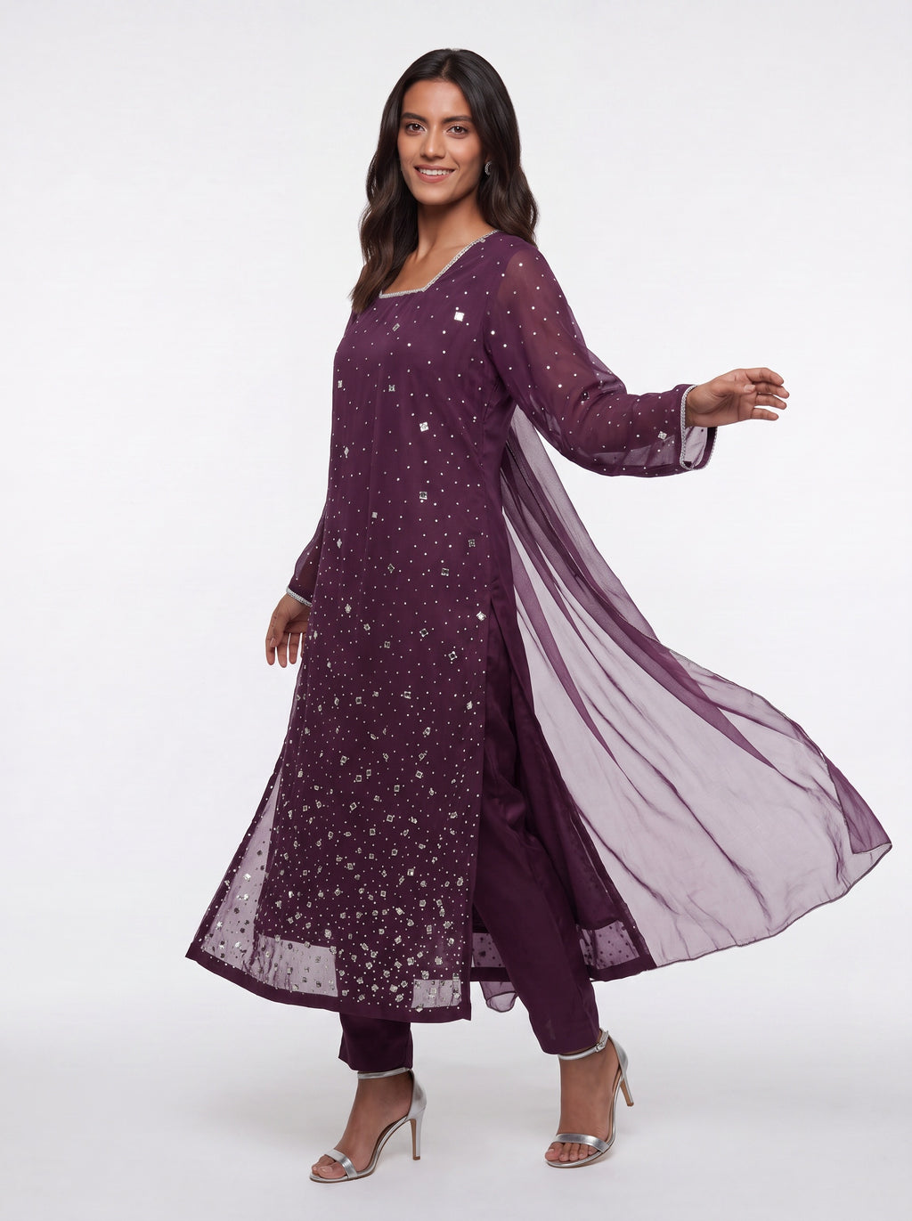 3 Piece Ready to Wear Luxury Net Suit - Plum
