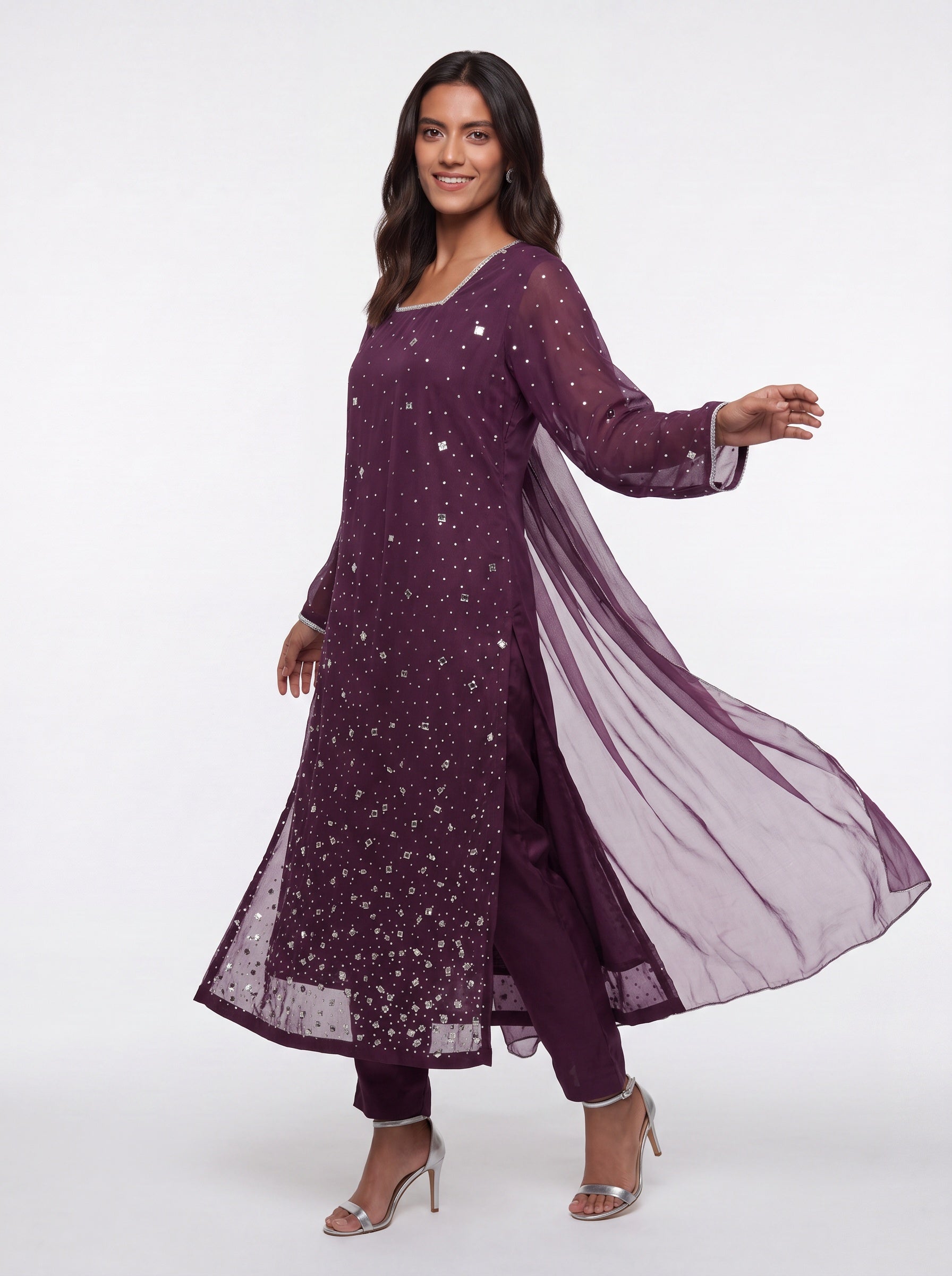 3 Piece Ready to Wear Luxury Net Suit - Plum