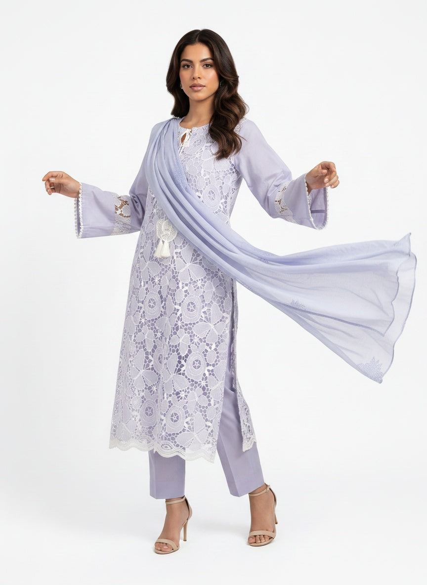 3 Piece Ready to Wear Luxury Embroidered Cutwork Suit - Lilac