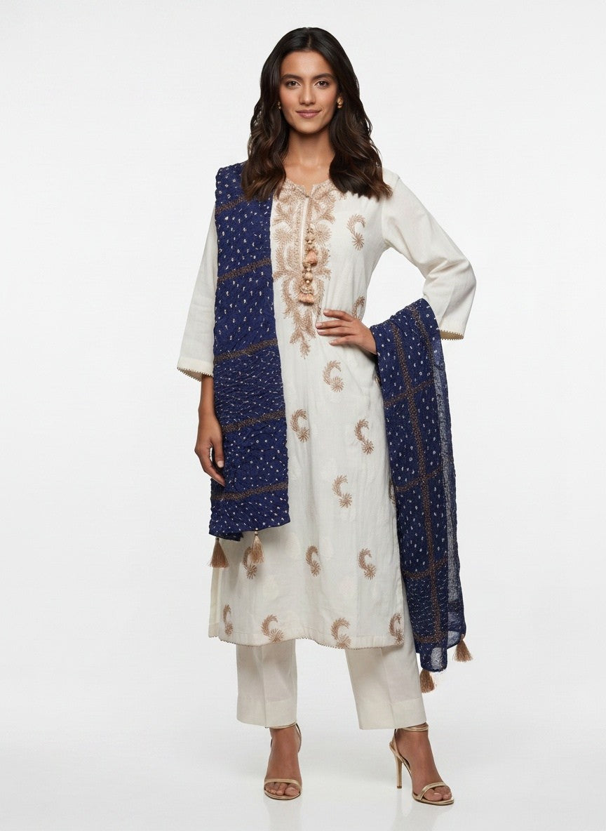 3 Piece Ready to Wear Gota Work Suit - Off-White with Blue Dupatta