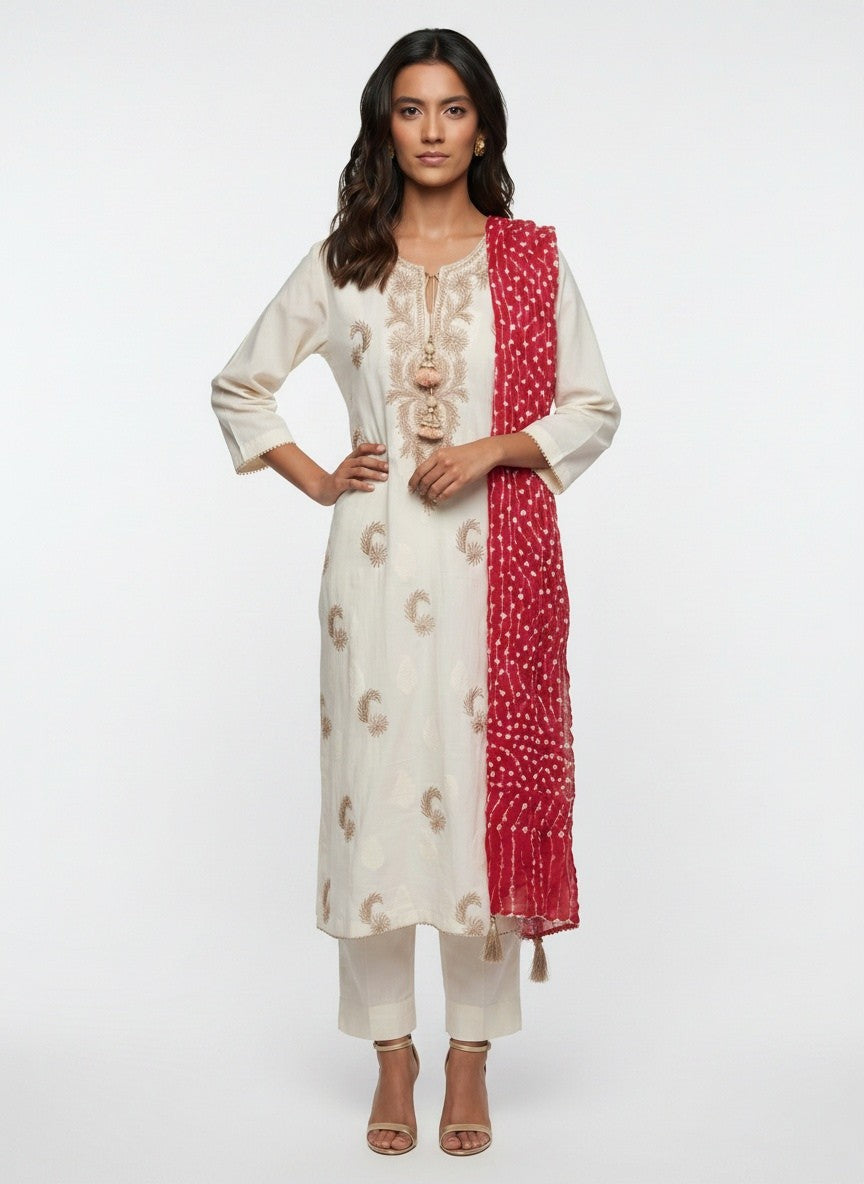 3 Piece Ready to Wear Gota Work Suit - Off-White with Red Dupatta