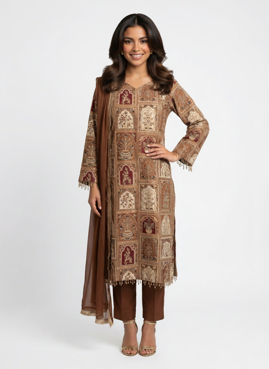 3 Piece Ready to Wear Luxury Embroidered Armani Silk Suit - Brown