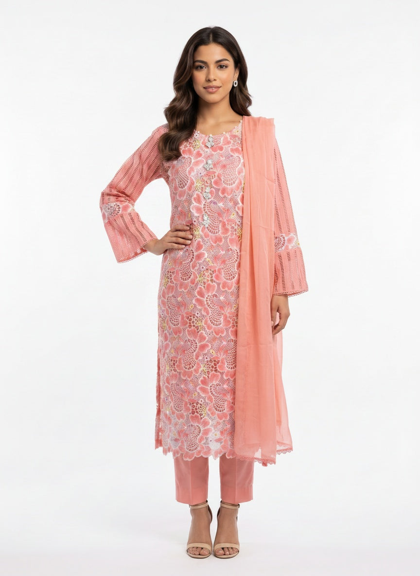 3 Piece Ready to Wear Luxury Embroidered Cutwork Suit - Coral Pink