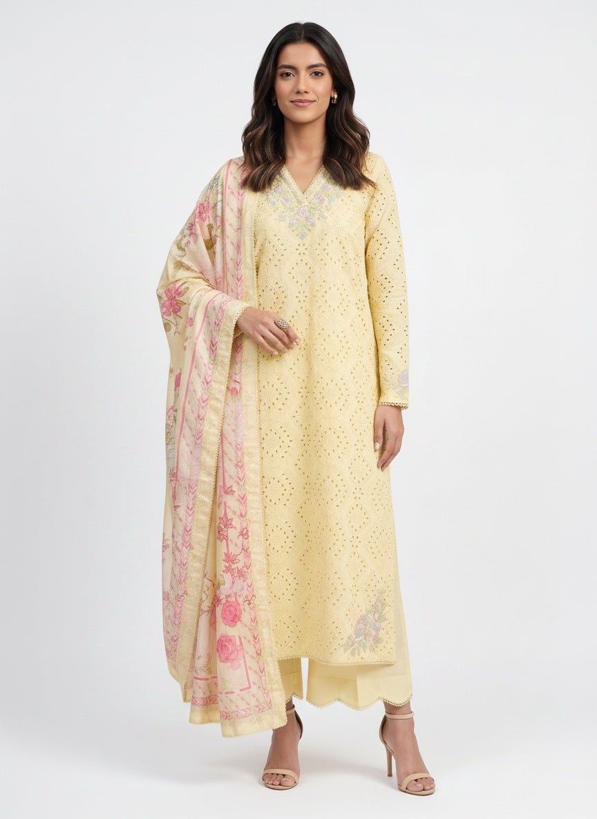 3 Piece Ready to Wear Luxury Embroidered Schiffli Suit - Butter Yellow