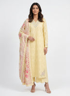 3 Piece Ready to Wear Luxury Embroidered Schiffli Suit - Butter Yellow