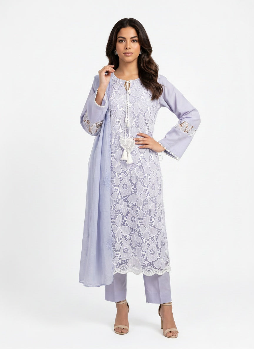 3 Piece Ready to Wear Luxury Embroidered Cutwork Suit - Lilac