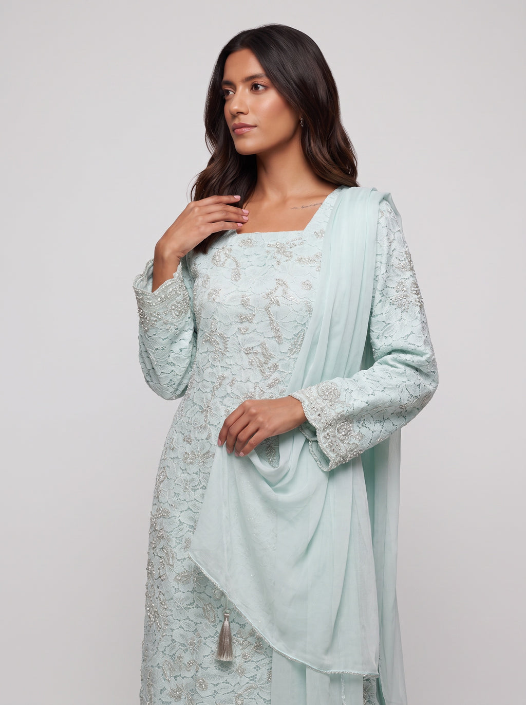 3 Piece Ready to Wear Luxury Chantilly Net Suit - Aqua