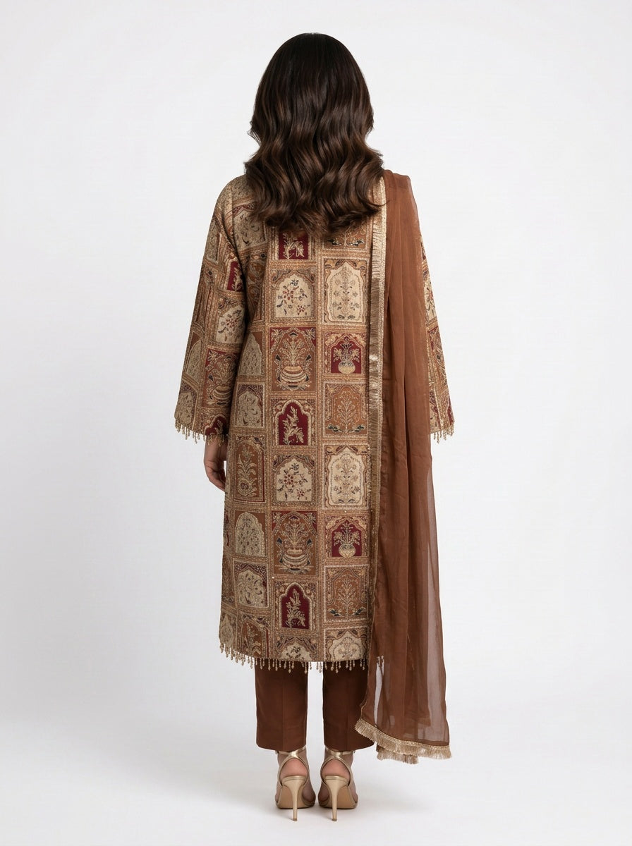 3 Piece Ready to Wear Luxury Embroidered Armani Silk Suit - Brown